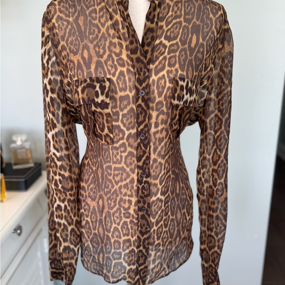 Silk Leopard Print Sheer Blouse Women’s SZ L